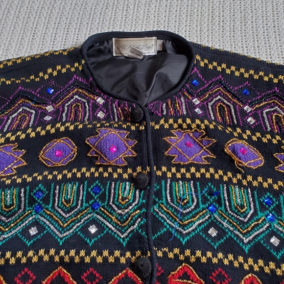 Vintage All Week Cardigan Sweater Women's Large Geometric Embroidered Beaded - Picture 4 of 11